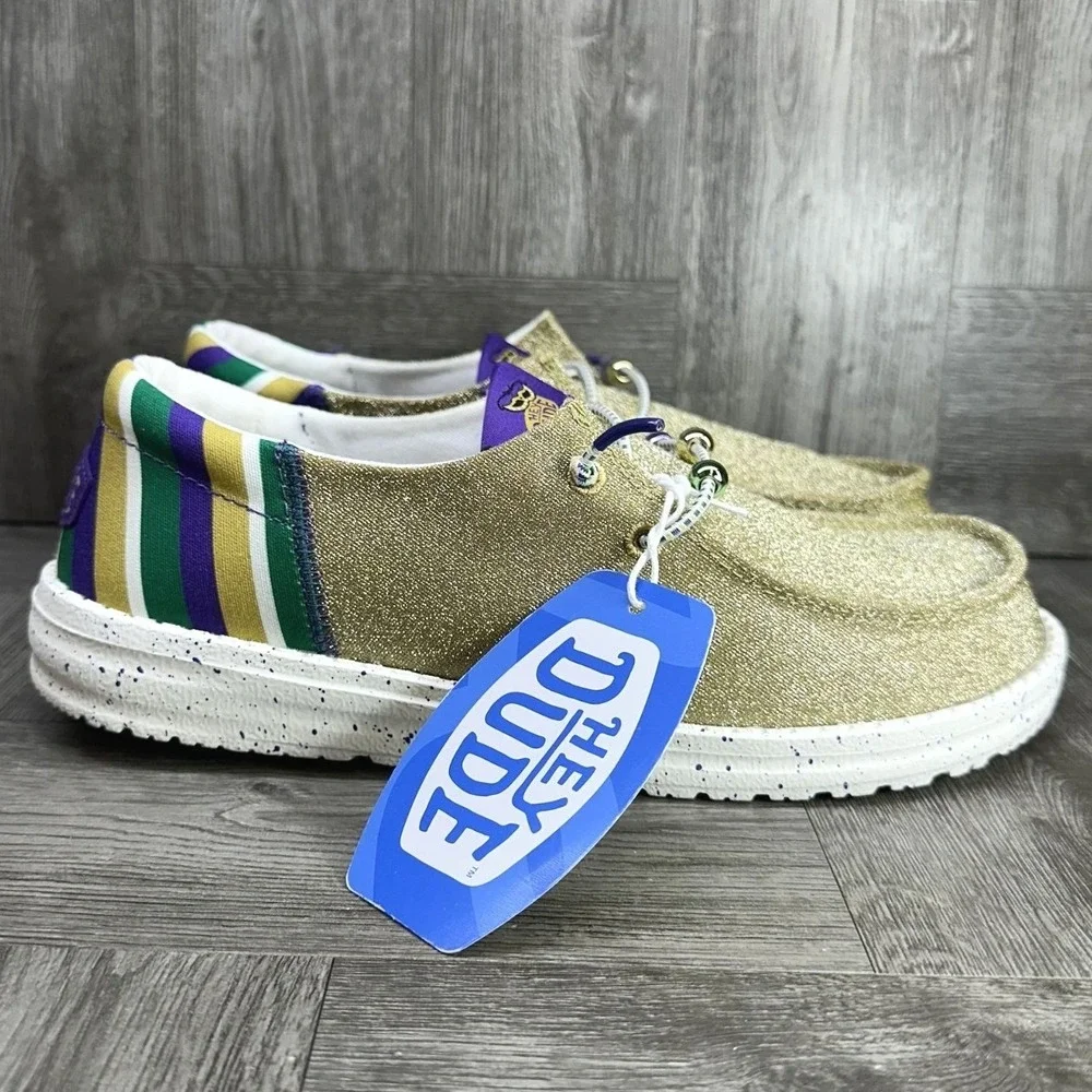 Hey Dude Gold Glitter Wedges with Green, Purple & White Stripe Accents
